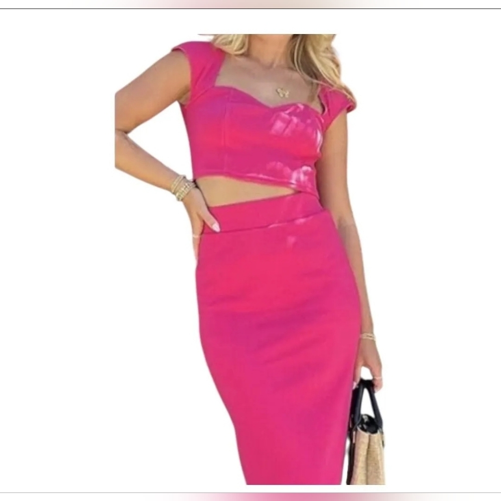 NWT The Drop Karsen Kimball Hot Pink Ribbed Sweetheart Neckline Crop Top Size L